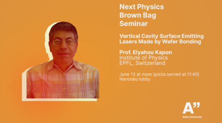 Physics seminar on vertical cavity lasers by Prof. Elyahou Kapon at Aalto University. June 13, Nanotalo lobby. Pizza at 11:45.